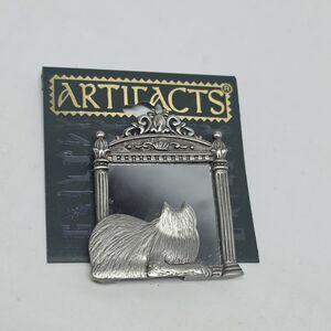 Vintage JJ Cat with Mirror Reflection Pewter Silver Tone Brooch Pin 1986 Signed
